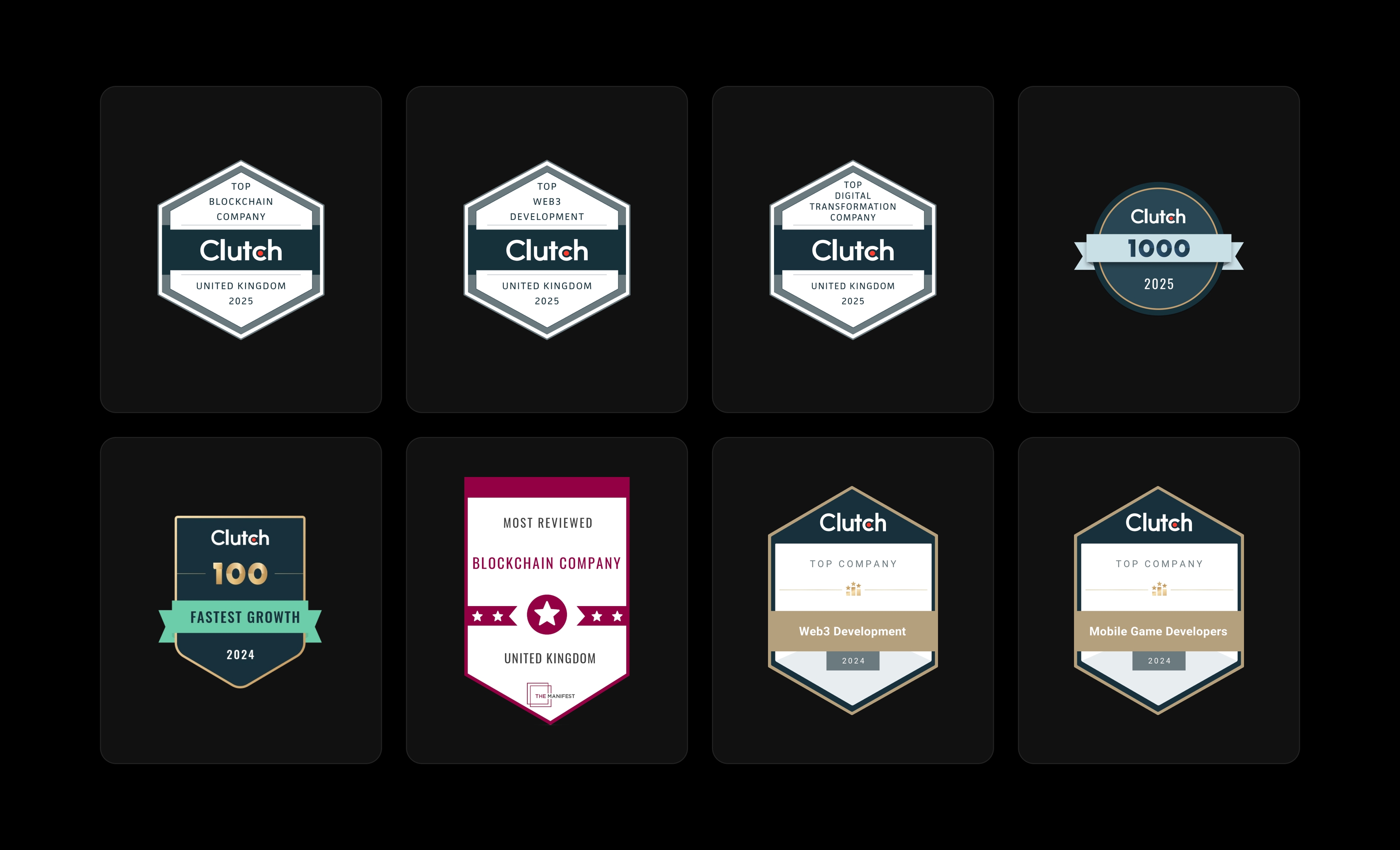 Clutch recognition badges for Tech Alchemy, 2024–2026.